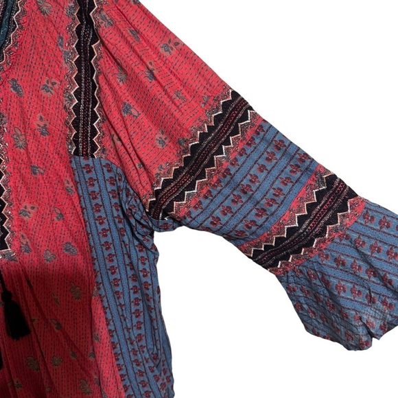 Free People Red and Blue Bell Sleeve Blouse with Tie Front - Picture 3 of 7